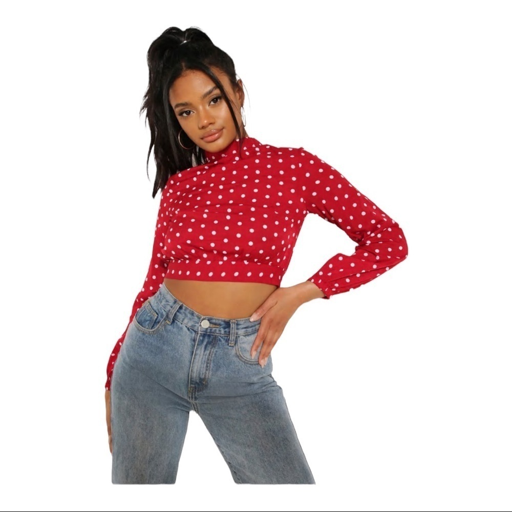 Boohoo Long Sleeve Polka Dot High Neck Cropped Top Red & White Size 10